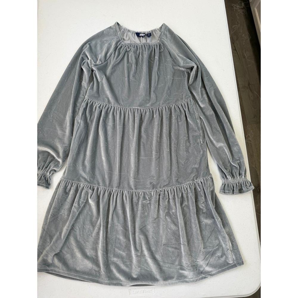 Lands End Girls XL 14-16 Gray Velvet Tiered Long Sleeve Dress Ruffle Pockets